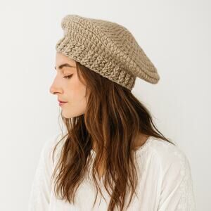 Vintage 1980s Khaki Brown Fall Winter Boho Knit Beret Hat OS